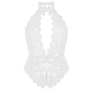 3131 Plus Size Lingerie Halter Lace Bodysuit Teddy Babydoll White 14 Plus